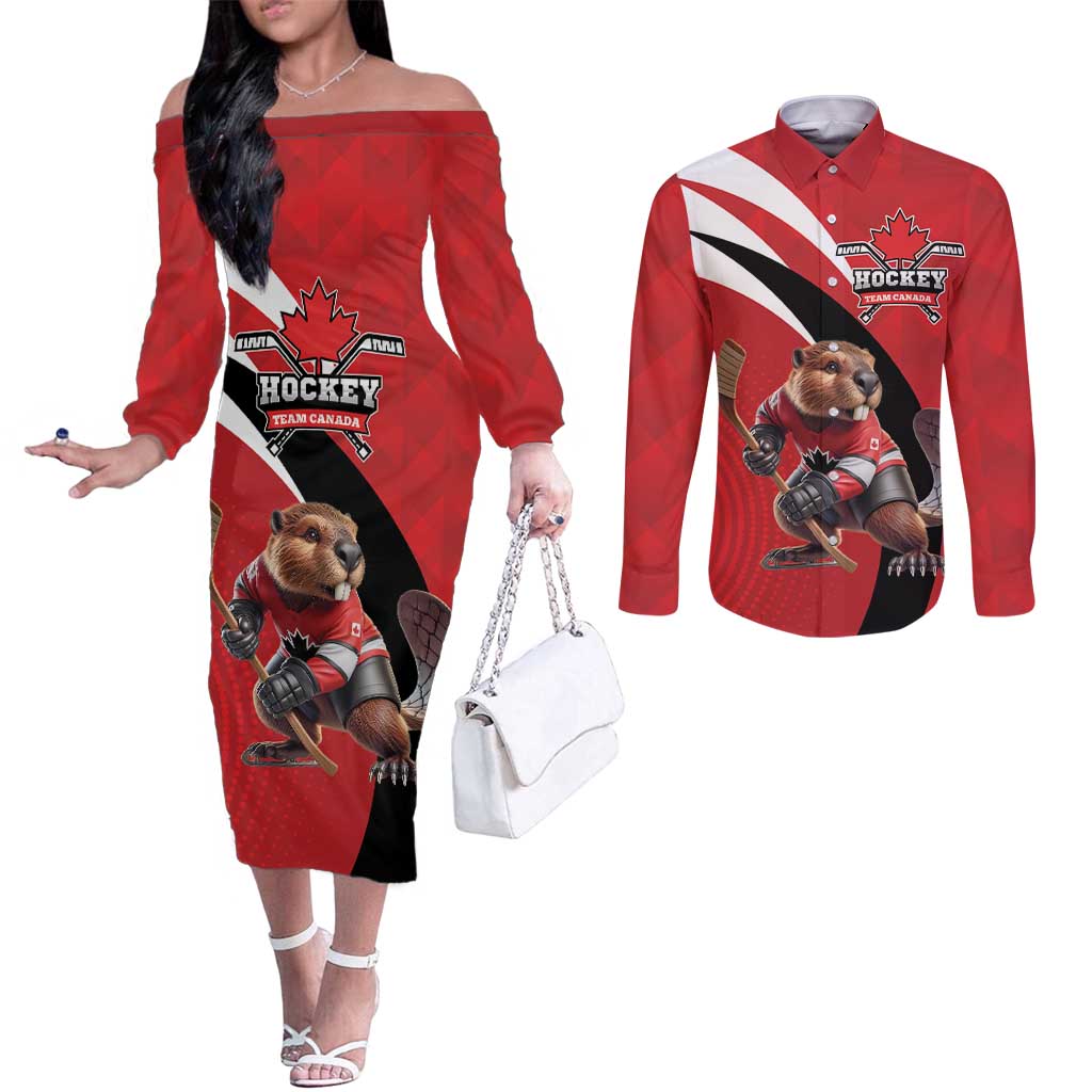 Canada Hockey Custom Couples Matching Off The Shoulder Long Sleeve Dress and Long Sleeve Button Shirt Go Champion 4 Nations