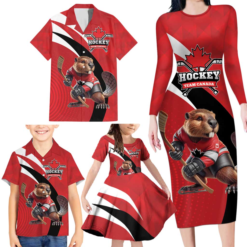 Canada Hockey Custom Family Matching Long Sleeve Bodycon Dress and Hawaiian Shirt Go Champion 4 Nations