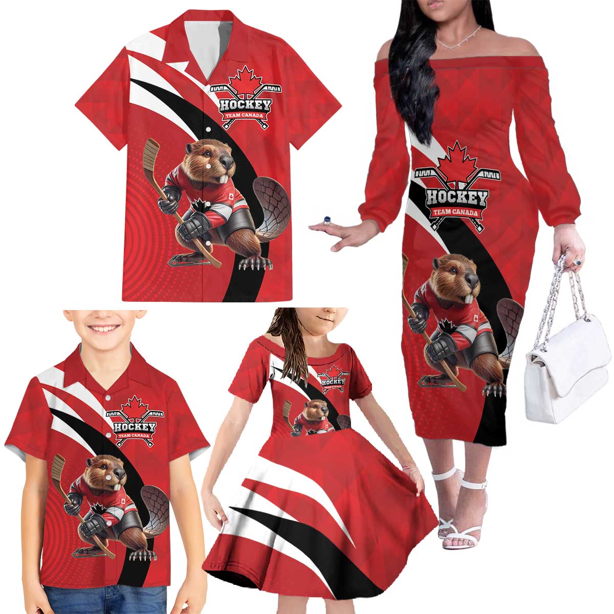 Canada Hockey Custom Family Matching Off The Shoulder Long Sleeve Dress and Hawaiian Shirt Go Champion 4 Nations