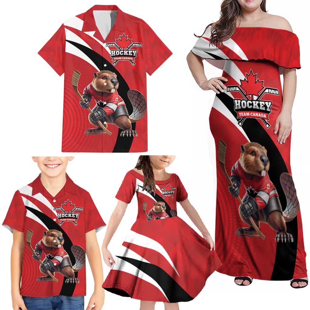 Canada Hockey Custom Family Matching Off Shoulder Maxi Dress and Hawaiian Shirt Go Champion 4 Nations