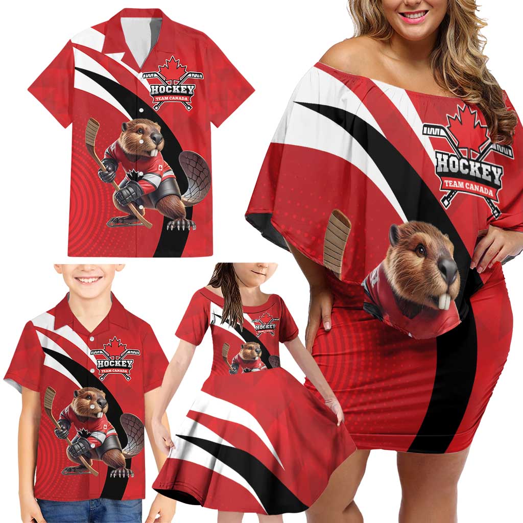 Canada Hockey Custom Family Matching Off Shoulder Short Dress and Hawaiian Shirt Go Champion 4 Nations