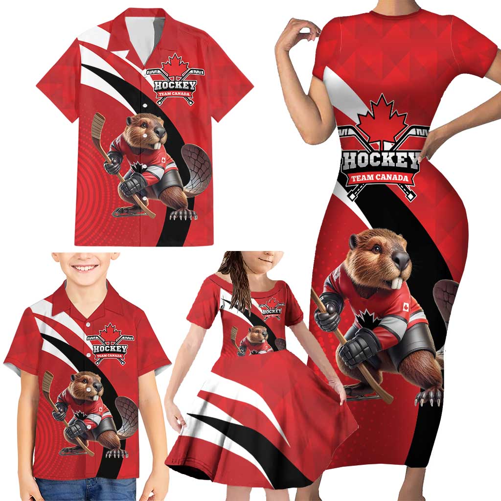 Canada Hockey Custom Family Matching Short Sleeve Bodycon Dress and Hawaiian Shirt Go Champion 4 Nations