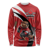 Red unisex long sleeve hockey shirt with bear goalie Team Canada front graphic