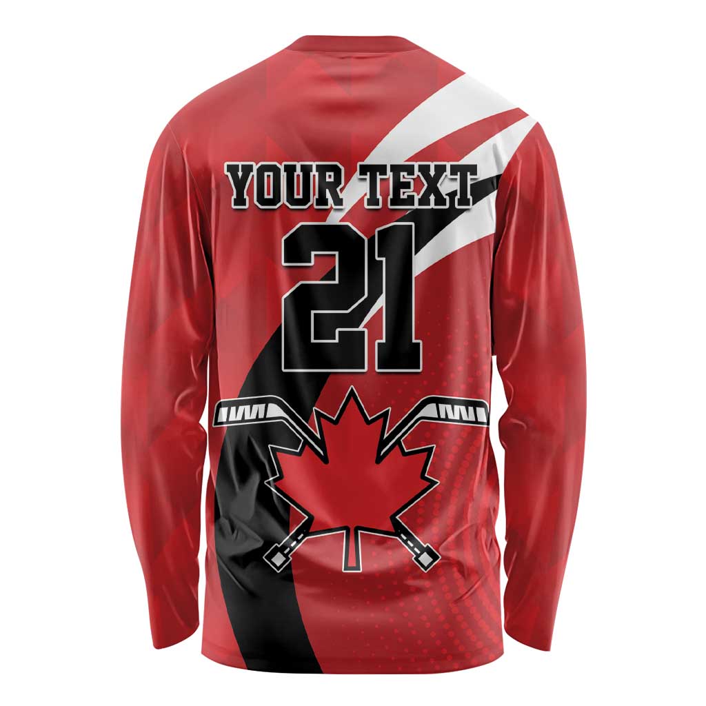 Red unisex long sleeve hockey shirt with 'YOUR TEXT' 21 back print and maple leaf