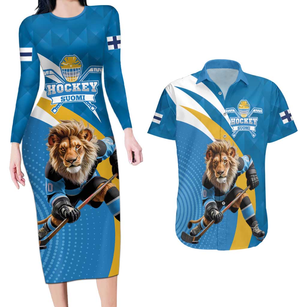 Finland Leijonat Hockey Custom Couples Matching Long Sleeve Bodycon Dress and Hawaiian Shirt Suomen Jaakiekkoliitto 4 Nations