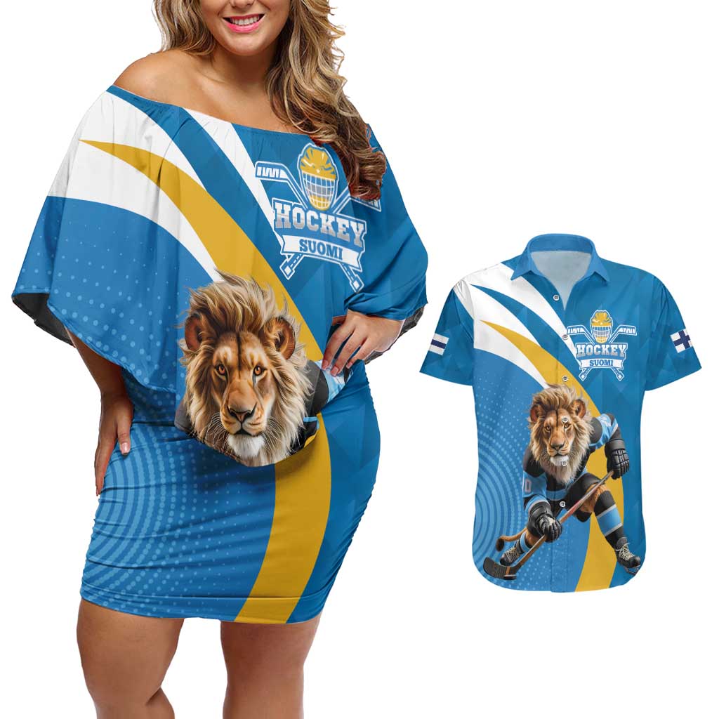 Finland Leijonat Hockey Custom Couples Matching Off Shoulder Short Dress and Hawaiian Shirt Suomen Jaakiekkoliitto 4 Nations