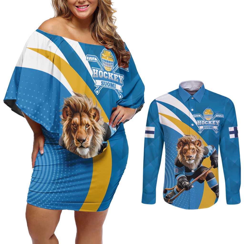 Finland Leijonat Hockey Custom Couples Matching Off Shoulder Short Dress and Long Sleeve Button Shirt Suomen Jaakiekkoliitto 4 Nations