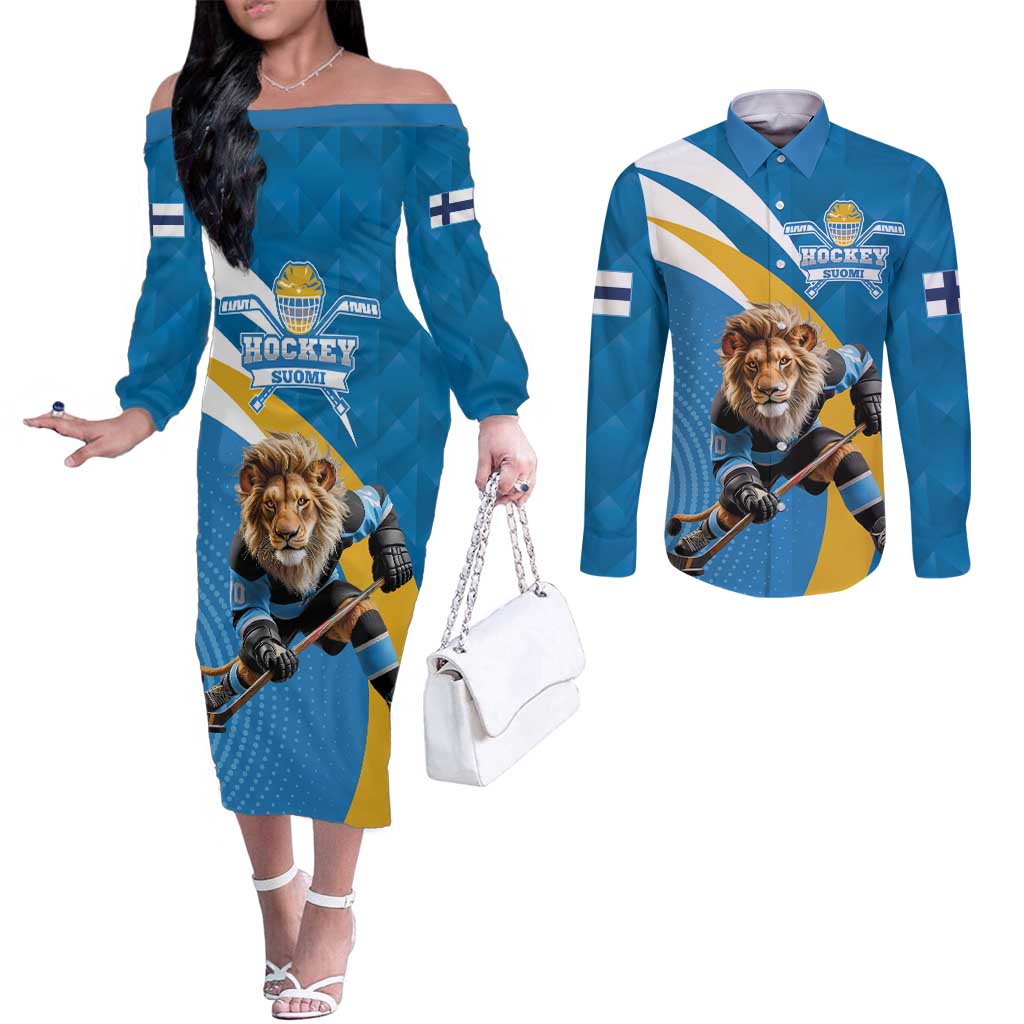 Finland Leijonat Hockey Custom Couples Matching Off The Shoulder Long Sleeve Dress and Long Sleeve Button Shirt Suomen Jaakiekkoliitto 4 Nations