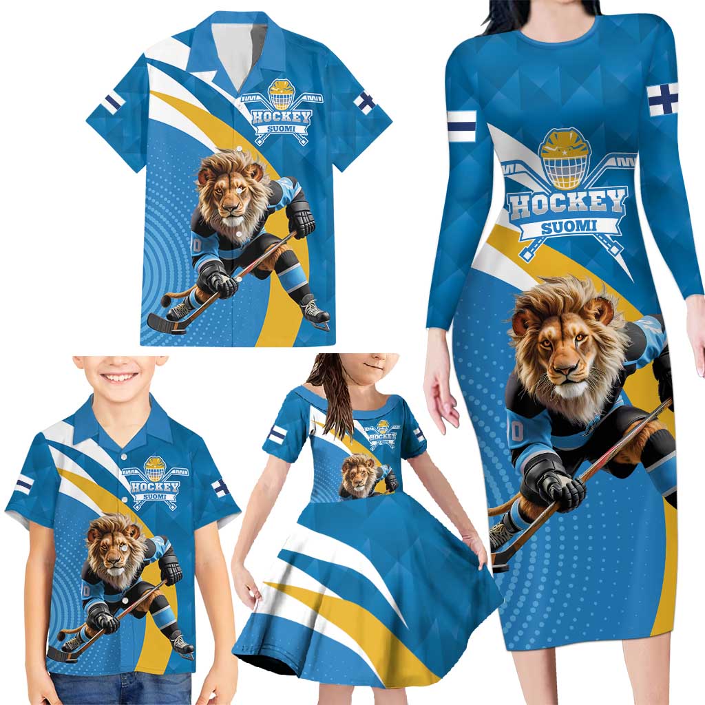 Finland Leijonat Hockey Custom Family Matching Long Sleeve Bodycon Dress and Hawaiian Shirt Suomen Jaakiekkoliitto 4 Nations