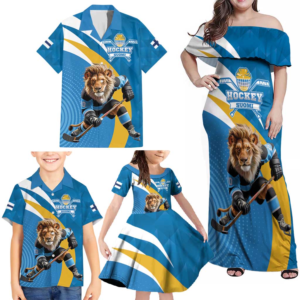 Finland Leijonat Hockey Custom Family Matching Off Shoulder Maxi Dress and Hawaiian Shirt Suomen Jaakiekkoliitto 4 Nations