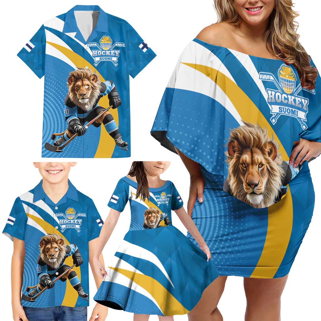 Finland Leijonat Hockey Custom Family Matching Off Shoulder Short Dress and Hawaiian Shirt Suomen Jaakiekkoliitto 4 Nations