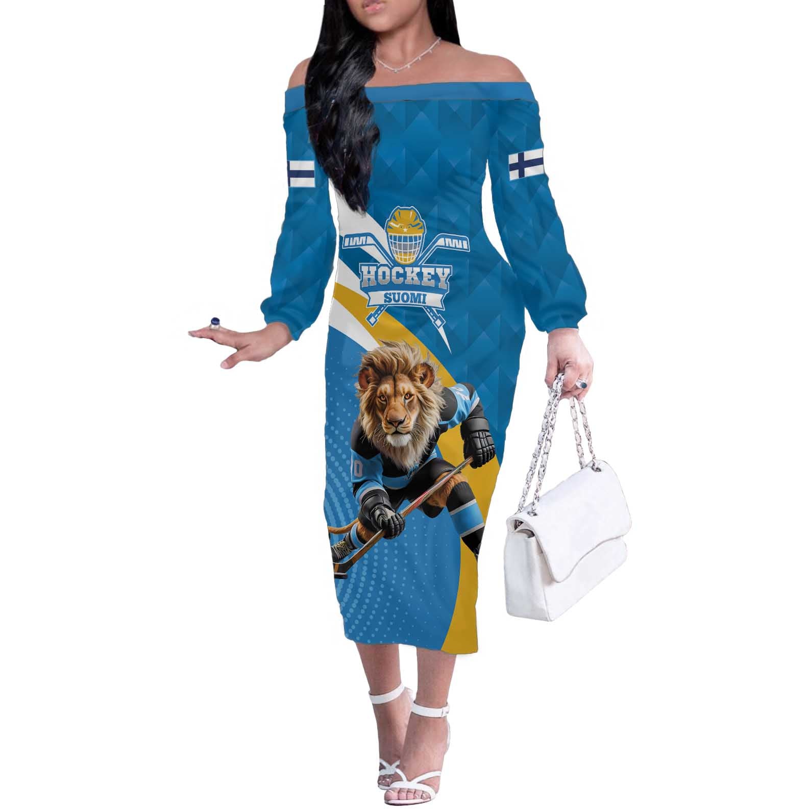 Finland Leijonat Hockey Custom Off The Shoulder Long Sleeve Dress Suomen Jaakiekkoliitto 4 Nations