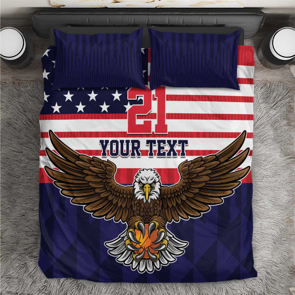 Blue duvet with two pillowcases; American flag, 21, and eagle graphic