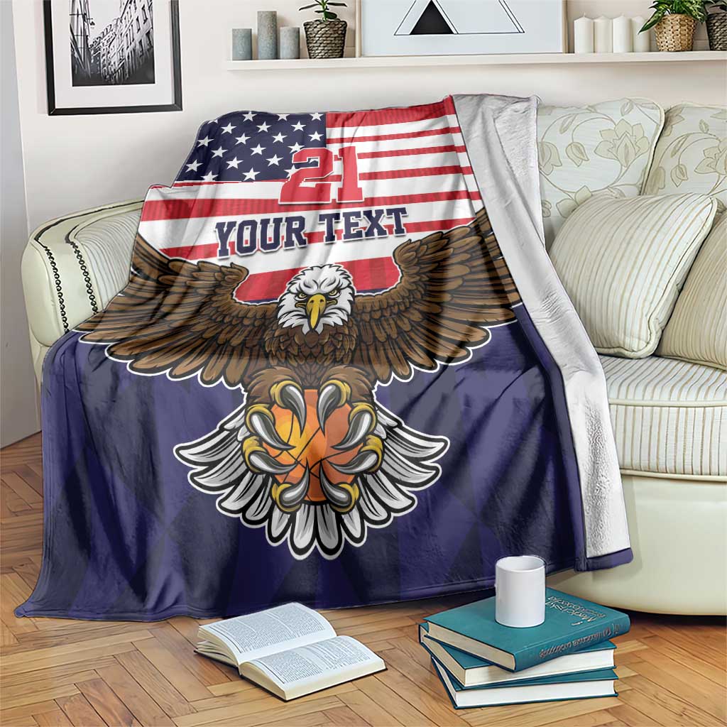 Navy and red eagle blanket with stars, number 21, and custom text