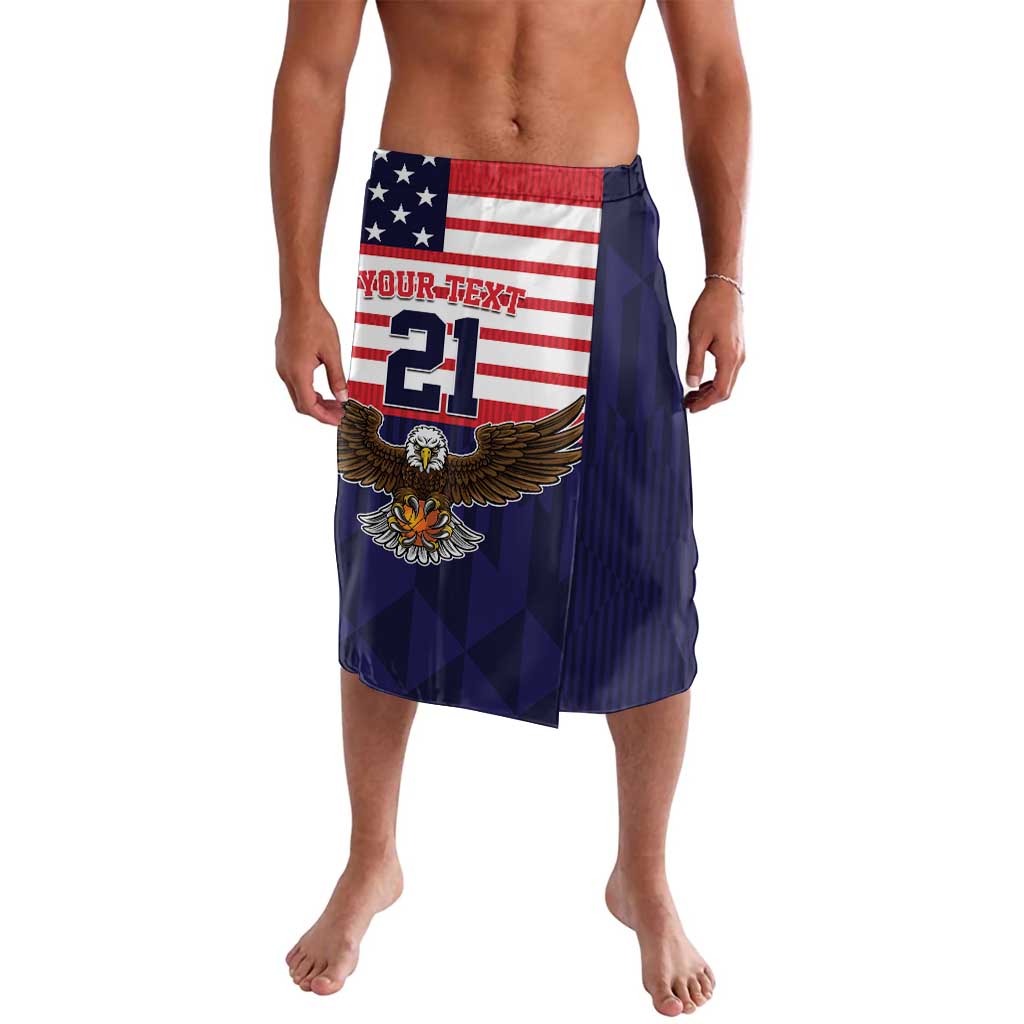 Blue lavalava with US flag, eagle graphic, and number 21 on front