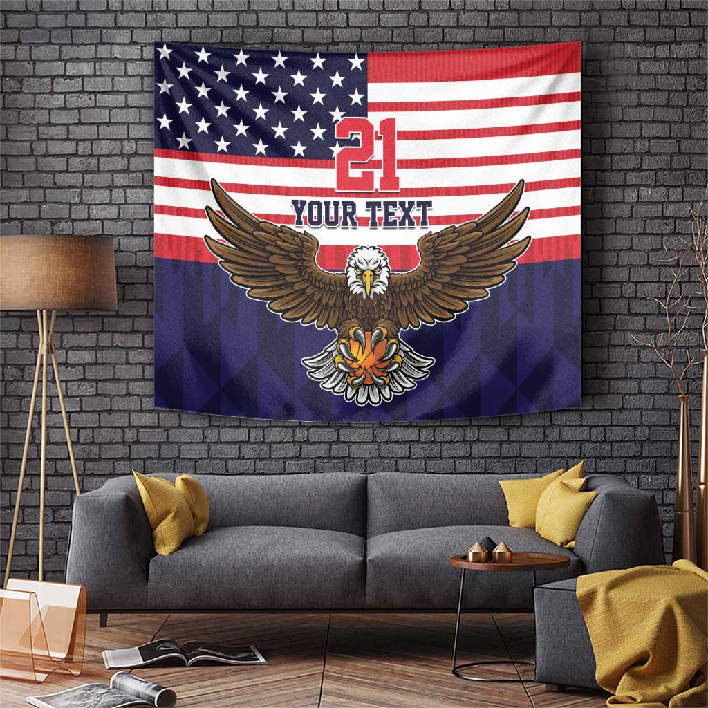United States flag tapestry with large eagle graphic and bold “YOUR TEXT” banner