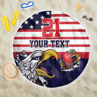 Blue 150cm round beach blanket with U.S. flag print, “21”, “YOUR TEXT”, and fringe