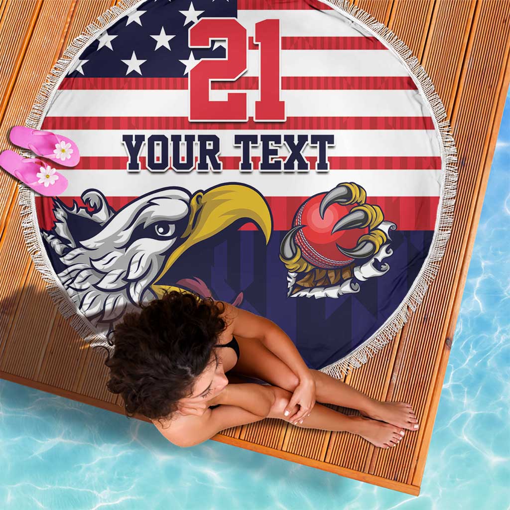 Blue 150cm round beach blanket with U.S. stripes, “21 YOUR TEXT” graphic, and fringe