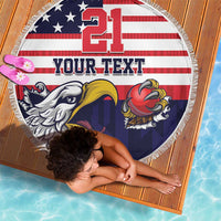 Blue 150cm round beach blanket with U.S. stripes, “21 YOUR TEXT” graphic, and fringe