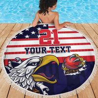 Blue 150cm round beach blanket spread out, U.S. flag “21” and “YOUR TEXT” with fringe