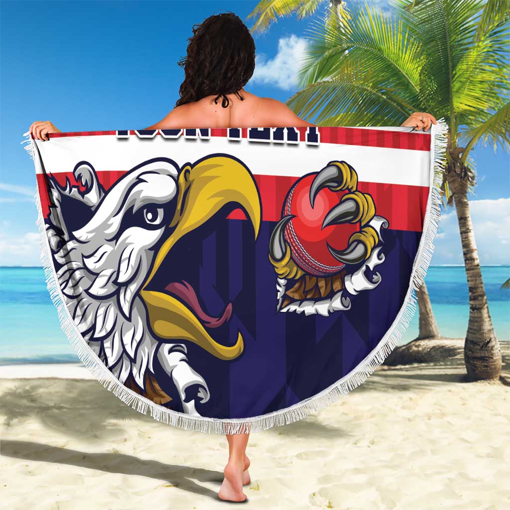 Blue 150cm round beach blanket held up, U.S. flag “21” and “YOUR TEXT” with fringe