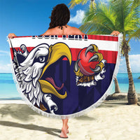 Blue 150cm round beach blanket held up, U.S. flag “21” and “YOUR TEXT” with fringe