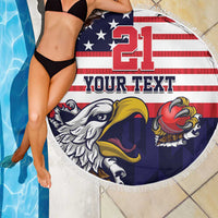 Blue 150cm round beach blanket draped on person, U.S. “21 YOUR TEXT” graphic and fringe