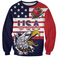 Unisex sweatshirt with USA flag graphic, mascot art, and 'USA' print in blue/red