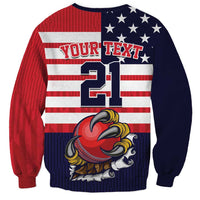 Unisex sweatshirt with USA flag stripes, YOUR TEXT 21, and mascot graphic in blue/red