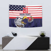 Blue American flag-style tapestry showing 21, YOUR TEXT, and animal mascot art