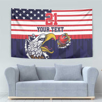 Blue American flag-style tapestry with large 21, YOUR TEXT, and animal mascot graphics