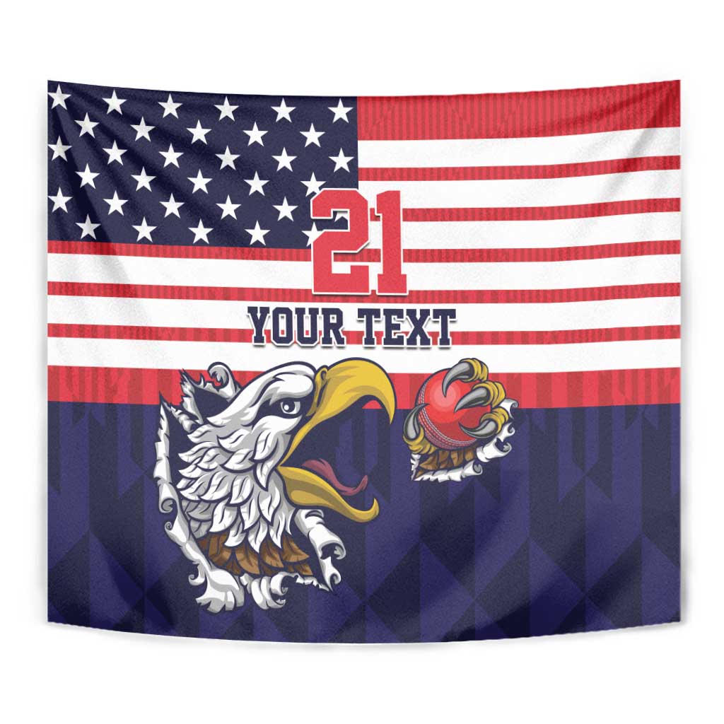 Close-up of blue American flag-style tapestry with 21 and YOUR TEXT