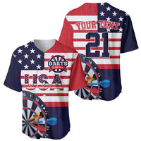 Men's custom baseball jersey showing darts USA front and stars-stripes back, 'YOUR TEXT 21'