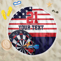 Custom round beach blanket with US flag 21 dartboard graphic and fringe edge