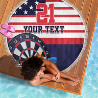 Custom round beach blanket with US flag 21 dartboard, white fringe border