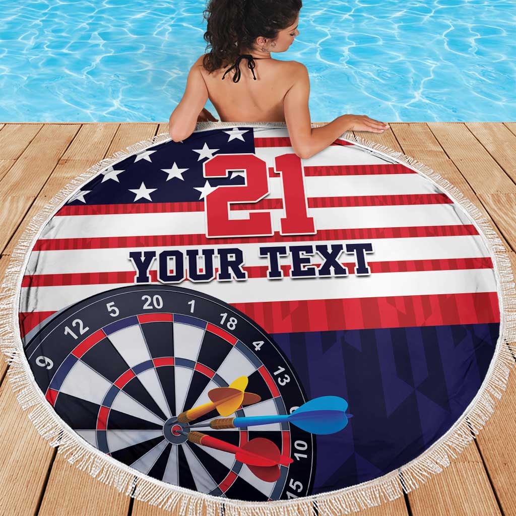 Custom round beach blanket with US flag 21 dartboard and white fringed edge