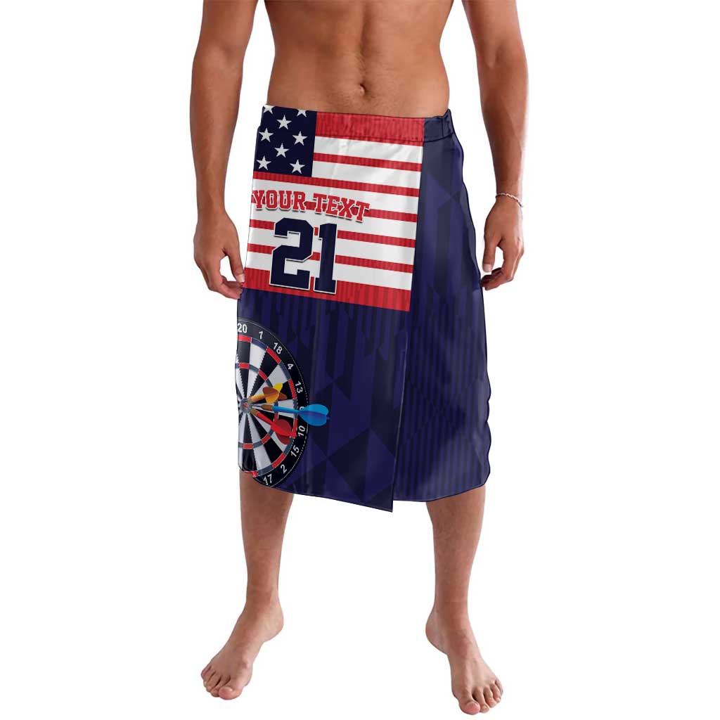Men's navy swim shorts with US flag graphic waistband and number print