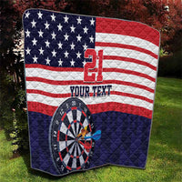 Custom dart quilt with US flag, number 21, dartboard graphic on deep blue