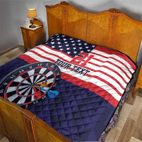 Custom dart quilt on bedspread with US flag stripes, number 21, dartboard, blue