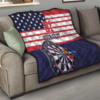 Custom dart quilt on sofa with US flag stripes, number 21, dartboard, blue
