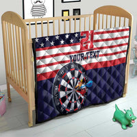Custom dart quilt on toddler bed with US flag, number 21, dartboard, blue