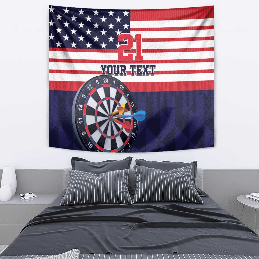 American flag dartboard tapestry showing '21', 'YOUR TEXT', and dartboard