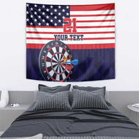 American flag dartboard tapestry showing '21', 'YOUR TEXT', and dartboard