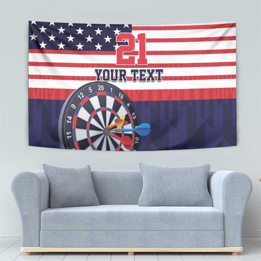American flag dartboard tapestry with central '21', 'YOUR TEXT', and darts