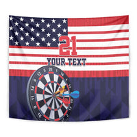 American flag dartboard tapestry close-up with '21', 'YOUR TEXT', and target