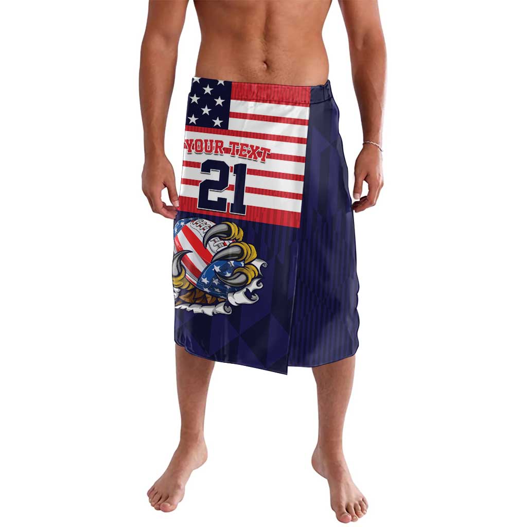 Blue football lavalava sarong with U.S. flag jersey number 21 graphic