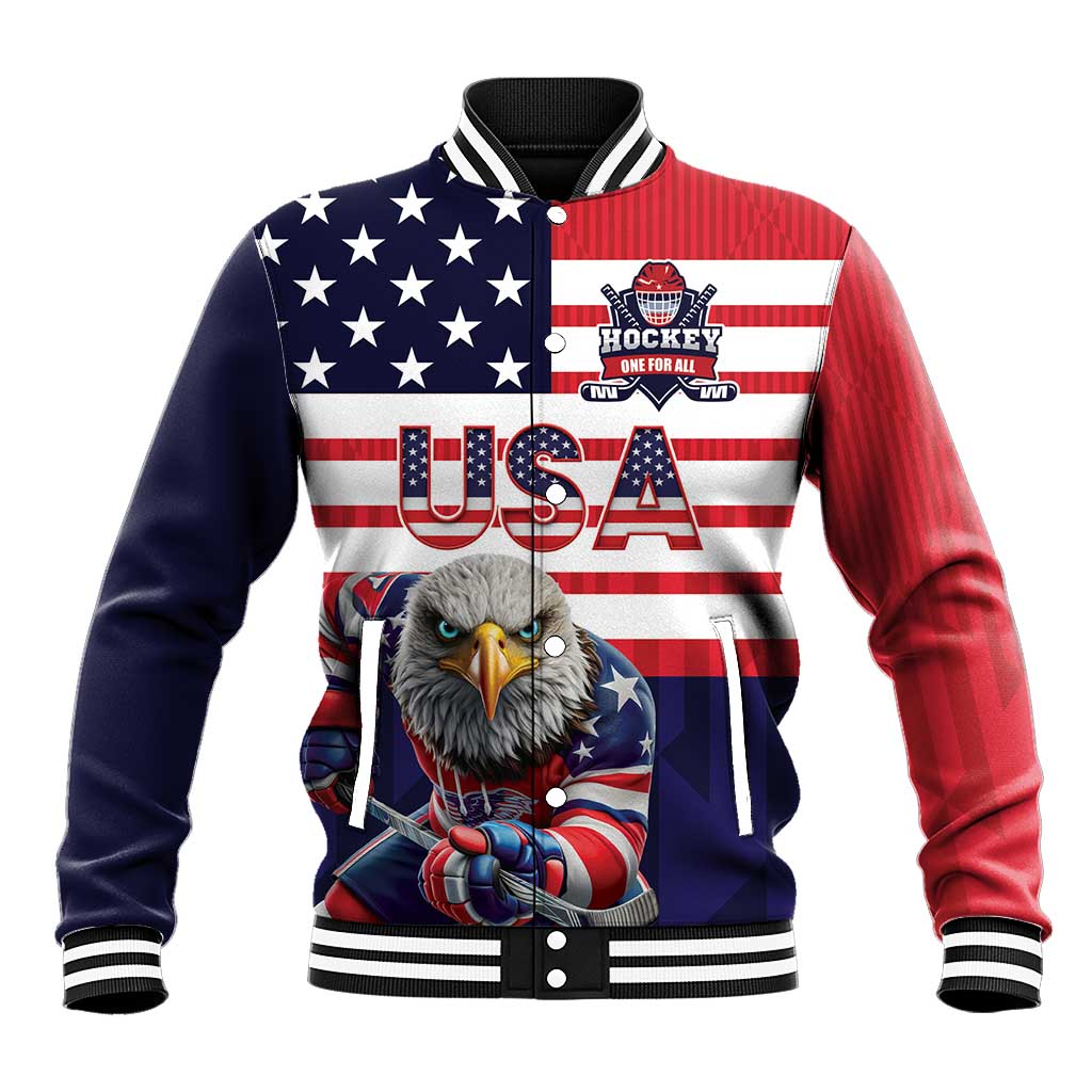 Unisex baseball jacket with ribbed collar, snap front, and patriotic hockey eagle print