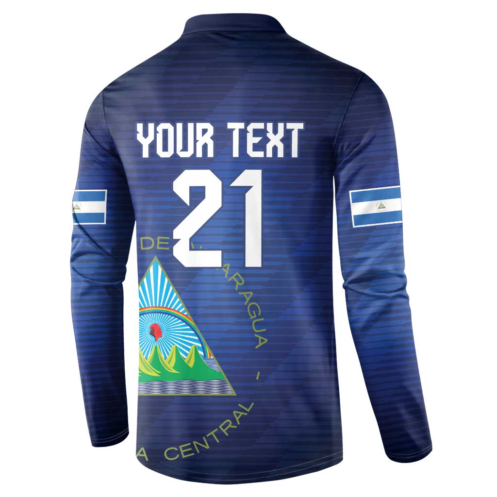 Blue long-sleeve button henley sweatshirt, back graphic with YOUR TEXT and number 21