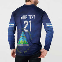 Blue long-sleeve button henley sweatshirt, back graphic with YOUR TEXT 21 and triangle emblem