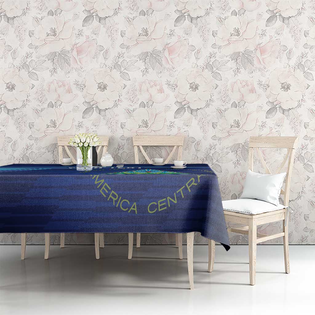 Navy blue sports tablecloth on dining set with printed emblem and border